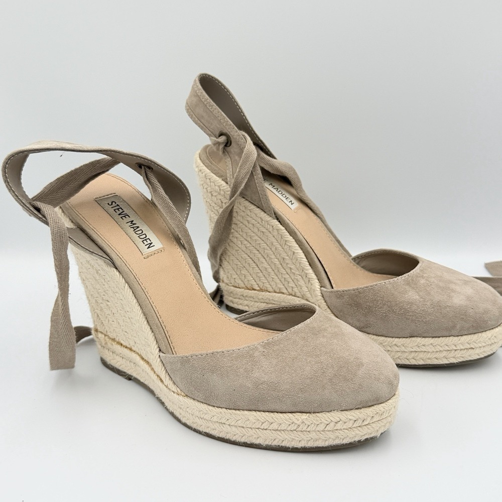 Steve Madden Barre 9M Taupe Suede Espadrille Platform Wedge Heels Ankle Tie Boho
